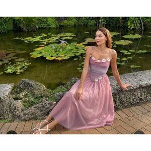 Lacemade Womens Small Corset Pink Lilac Tulle Daisy Midi Dress Adj Straps